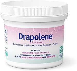 A Drapolene Antiseptic Cream (350g) tub is white with a pink and white hexagonal label, stating: Antiseptic cream, prevents and treats nappy rash, soothing relief at every change; suitable for adult urinary dermatitis and minor burns.