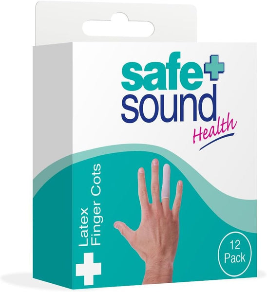 A 12-pack of Safe and Sound Latex Finger Cots, perfect for finger protection and hygiene. The teal and white box features the Safe and Sound brand name, product name, and a hand image on the front.