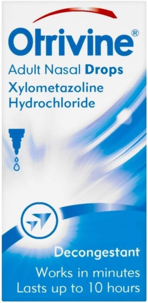 The image shows the packaging of Otrivine Decongestant Adult Drops (10ml), featuring Xylometazoline Hydrochloride. With a blue and white design, it effectively clears nasal congestion within minutes and provides relief for up to 10 hours.