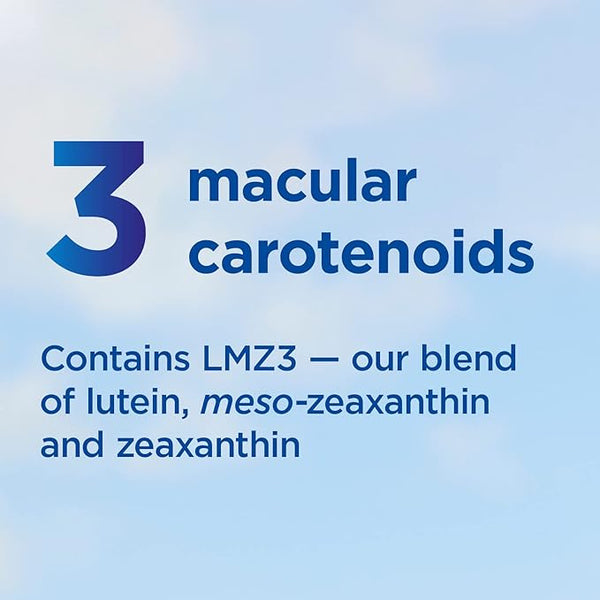 A light blue background displays: Contains LMZ3—MacuShields blend of lutein, meso-zeaxanthin, and zeaxanthin to support macular pigment health. Includes 3 macular carotenoids. (Product: MacuShield Original, 90 Tablets by MacuShield).