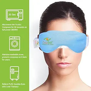 A woman wears a Dry Eye Compress by OcuSci. Instructions suggest microwaving for 20 seconds, and it has a machine-washable cover. Its perfect for relieving puffy, swollen, or dry eyes with moist heat and soothing itchy eyes with cold therapy.