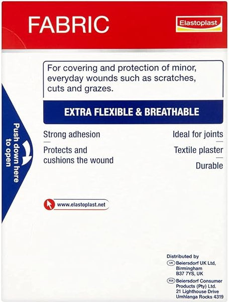 The Elastoplast Fabric (40 Plasters) box image highlights its strong adhesion and breathability for effective wound protection, making it perfect for your first aid kit. These plasters offer superior joint coverage. Contact Beiersdorf Consumer Products for more details.