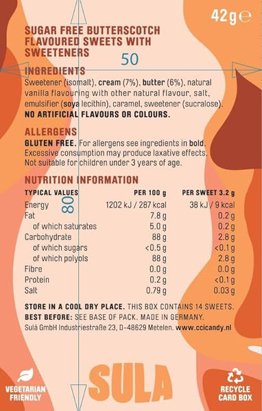 The label for Sula Sugar Free Sweets - Butterscotch (42g) highlights natural flavors, ingredients, nutrition facts, allergen info, and storage tips. It includes gluten-free and vegetarian-friendly logos plus a recycle box icon, ideal for those wanting a tasty sugar-free treat.