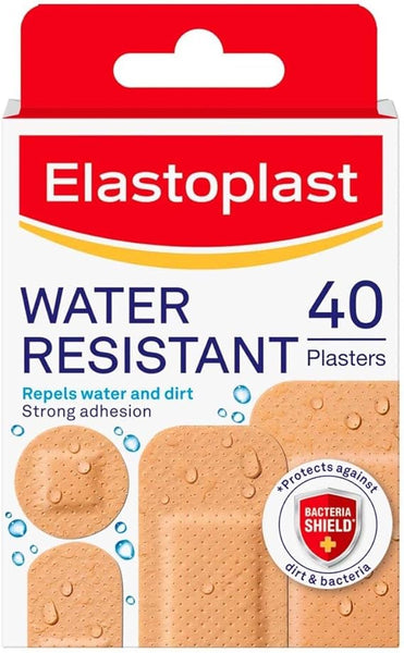 Elastoplast Water Resistant 40 Plasters are essential for first-aid kits, providing strong adhesion and wound protection. The box displays a bacteria shield logo and water droplets, emphasizing defense against dirt, bacteria, and water.