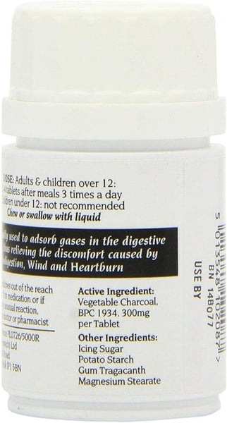 Braggs Charcoal (100 Tablets) by Braggs, packaged in a white bottle with dosage and ingredient details, relieves indigestion, wind, and heartburn with its active ingredient: medicinal charcoal from sustainable coconut shells.