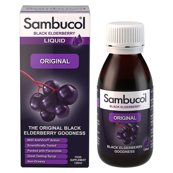 A 120ml bottle of Sambucol Original Liquid is displayed with its packaging, featuring black elderberries on a purple and white label. Highlighting its original flavor and antiviral properties, its packed with antioxidant-rich BERRY DEFENCE for a natural wellness boost.