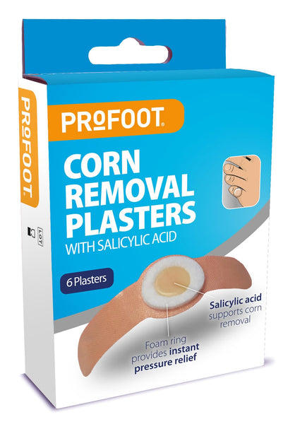 ProFoot Corn Removal Plasters are your go-to footcare solution, offering salicylic acid and a foam ring for immediate comfort. The pack of 6 highlights its features: Foam ring provides comfort and Salicylic acid aids corn removal.