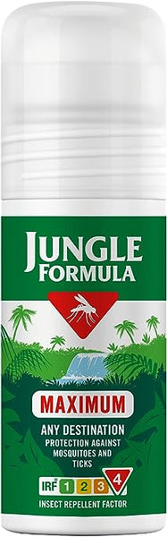 A 50ml green and white Jungle Formula Maximum Roll-On insect repellent reads “Maximum Any Destination” and “Protection Against Mosquitoes and Ticks,” with IRF 4 rating. Palm tree illustrations add to its appeal; ensure thorough coverage for optimum protection.