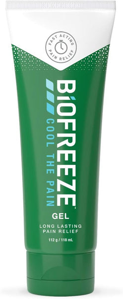 Biofreeze Pain Relieving Gel is a topical analgesic offering fast-acting, long-lasting pain relief with cryotherapy principles. The tube contains 118ml of gel and features a green design with white and blue text.