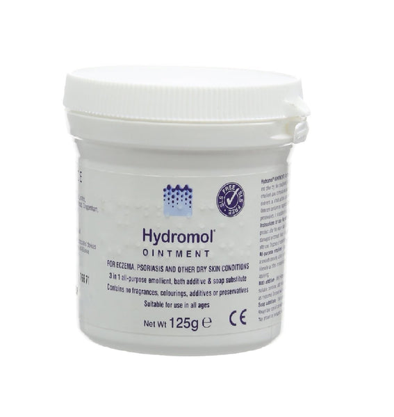 A white 125g Hydromol Ointment tub with blue logo and text, ideal for eczema, psoriasis, and dry skin. This emollient is fragrance-free, colorant-free, preservative-free, suitable for all ages to moisturize and soothe the skin effectively.