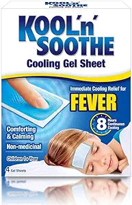 Kool N Soothes Fever Kool n Soothe Cooling Gel Sheets provide immediate, non-medicinal cooling relief for fever and are safe with medicines. The package includes 4 sheets offering 8 hours of soothing comfort, as shown by the image of a sleeping child with a gel sheet on their forehead.