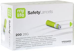 Box of Mylife Green Lancets Std 30g contains 200 sterile disposable lancets, branded Mylife, with a green and white design ideal for capillary blood sampling. An image of a single lancet is displayed on the front.