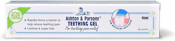 Ashton & Parsons Teething Gel (10ml) soothes gums with aloe vera, forming a rapid pain-relieving barrier. Free from lactose and sugar, its suitable for babies 3+ months and includes a gum-massaging applicator for added comfort.