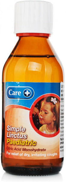 Care Simple Lincountus Paediatric (200ml) by Care provides cough relief for children with soothing aniseed flavor and citric acid monohydrate for dry, irritating coughs. It comes in a bottle with a white cap, containing yellow-brown liquid.