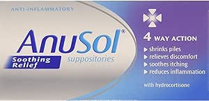 Image of an Anusol Suppositories 12 Pack box highlighting Soothing Relief and 4 Way Action. This treatment shrinks piles, relieves discomfort, soothes itching, and reduces inflammation with hydrocortisone.