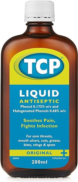 The 200ml TCP Liquid comes in a brown bottle with a blue and green design. It relieves sore throats and fights infections, making it effective for mouth ulcers, cuts, grazes, bites, stings, and spots.