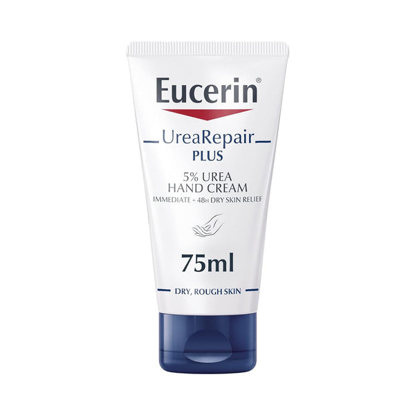 Eucerin 5% Urea Hand Cream (75ml) provides intensive moisture in white, blue, and red packaging, offering instant and 48-hour relief for dry hands and rough skin.