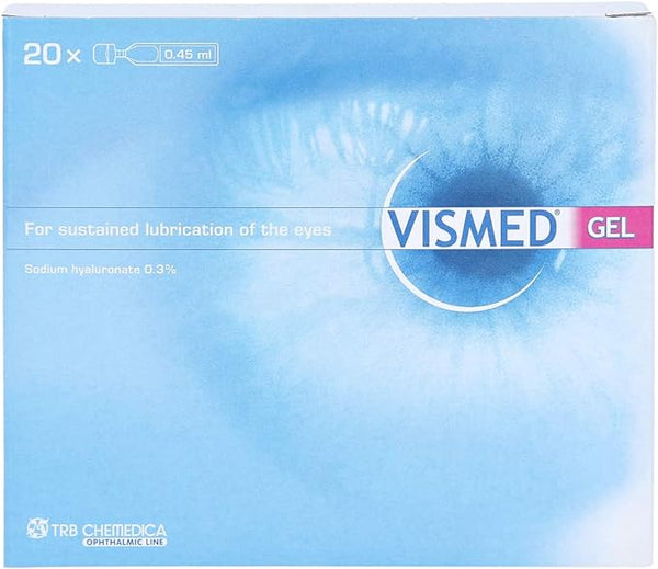 Vismed Gel 0.45ml (20 Piece) eye drops are designed for moderate to severe dry eye, featuring a bold blue image of an eye. Preservative-free and containing sodium hyaluronate 0.3% for long-lasting lubrication, the packaging is mainly blue with white text and pink highlights.