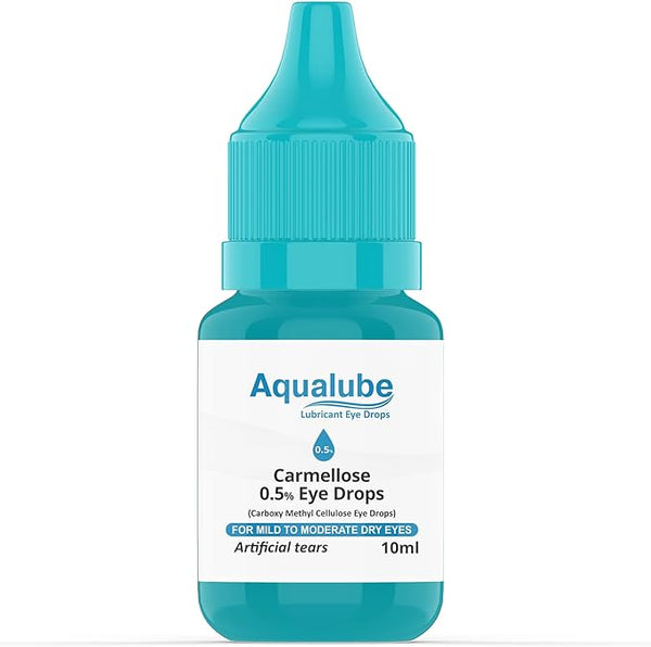 Image of a 10ml Aqualube Bottle 0.5% from Ajanta Pharma. Contains 0.5% Carmellose for targeted hydration of mild to moderate dry, irritated eyes. This artificial tears ophthalmic solution is in a turquoise bottle with a matching cap.