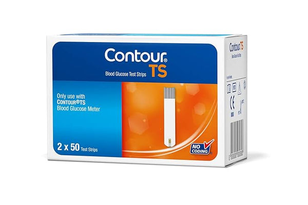 The Contour TS Test Strips box is designed for optimal diabetes management, containing two packs of 50 strips each. Compatible with the CONTOUR®TS Blood Glucose Meter, it features a NO CODING label for hassle-free glucose monitoring in a distinctive white and orange packaging.