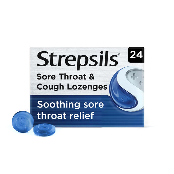 A box of Strepsils Lozenges - Sore throat relief (24s) by Strepsils proudly displays Soothing sore throat relief. Two blue lozenges are elegantly arranged in front, ready to provide effective antiseptic relief.