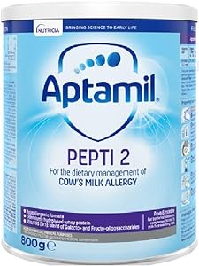 Aptamil Pepti 2 (800g) displays a blue and white label for cows milk allergy management, with the Nutricia logo in the top left, highlighting its dietary care focus.