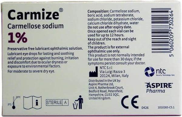 Carmize Carmellose Sodium Eye Drops 1% contains 30 vials of a preservation-free solution for sensitive dry eyes, featuring usage and storage instructions, composition details, and manufacturer info from Aspire Pharma. Packaging includes a barcode and product codes.