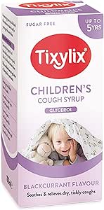 Tixylix Syrup Baby (100ml) provides toddler cough relief with its glycerol-based, sugar-free formula. Suitable for children up to 5, this dry cough syrup features a blackcurrant flavor and a box showing a smiling child in a cozy blanket.