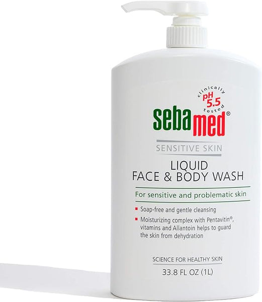 The 1L Sebamed Liquid Face and Body Wash is a soap-free, pH 5.5 balanced cleanser ideal for sensitive skin. It features natural moisturizers, vitamins, and a pump dispenser for easy use.