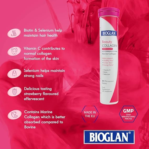 A Bioglan Beauty Collagen Effervescent tube with 20 tablets is set against a pink background, promoting benefits for hair, skin, and nails. It features hydrolysed marine collagen with a strawberry flavor and displays GMP and EU quality certifications.