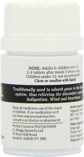 Braggs Charcoal (100 Tablets) by Braggs comes in a white bottle with dosage instructions and product details, traditionally used to relieve indigestion, wind, and heartburn by absorbing digestive gases. Made from sustainable coconut shells for an eco-friendly choice.