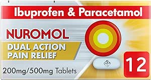 The packaging of Nurofens Nuromol Dual Action Pain Relief tablets highlights Ibuprofen & Paracetamol, stating 200mg/500mg Tablets. It promises fast, long-lasting relief and features a pill graphic with 12 tablets.