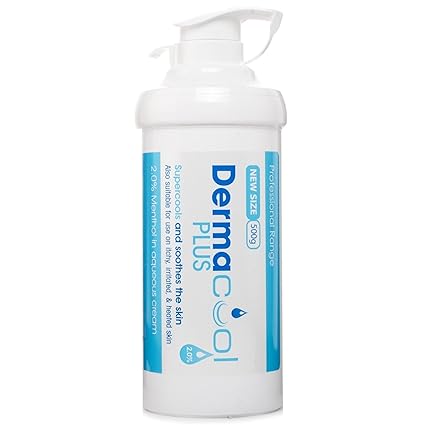 The Dermacool Pump Dispenser Menthol in Aqueous Cream is a professional-grade 500g bottle with blue text, featuring 2.0% menthol for soothing relief from itchy skin and cooling comfort.