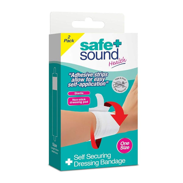 A box of Safe and Sound Self Secure Dressing Bandage - One size (2 Pack) from Safe and Sound, showing a white bandage on a forearm. Features adhesive strips, a non-stick pad, wound protection, and a convenient one-size fit.