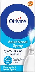 The image displays the 10ml Otrivine Decongestant Nasal Spray packaging with a spray nozzle, emphasizing Xylometazoline Hydrochloride. It promises congestion relief, Works in minutes, lasts up to 10 hours, and features the gsk logo prominently in the top right corner.