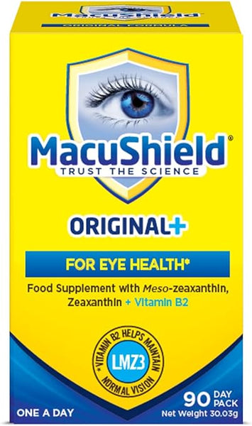 The yellow box of MacuShield Original (90 Tablets) features a blue eye design, promoting ingredients Meso-zeaxanthin, Zeaxanthin, and Vitamin B2 for macular pigment health. Its labeled ONE A DAY and TRUST THE SCIENCE for optimal eye support.