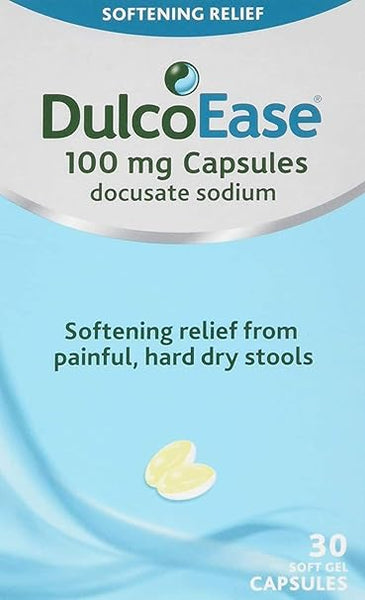 DulcoEase 100mg (30 Soft Gel Caps) by Dulcoease offers effective relief from painful, hard dry stools with 100 mg Capsules, docusate sodium in its soothing light blue packaging.