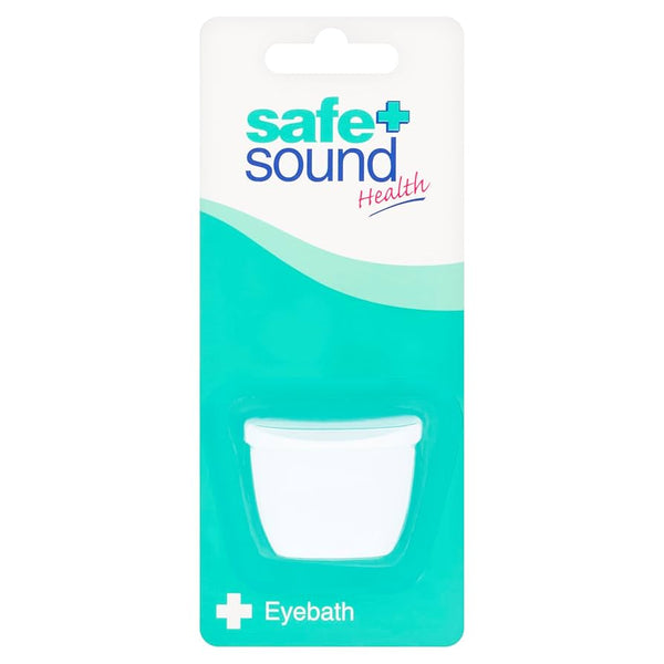 A packaged Safe and Sound Plastic Eye Bath (1 Pot) by Safe and Sound comes in a white and teal box featuring the product name, a white cross symbol, and includes a plastic pot for effective eye cleansing.