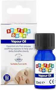 The product image shows Snufflebabe Vapour Oil (10ml) Suitable from Birth. The box features a sleeping baby and promotes essential oils for congestion relief, helping babies breathe clearly. The blue bottle is labeled with the brand, Snufflebabe.