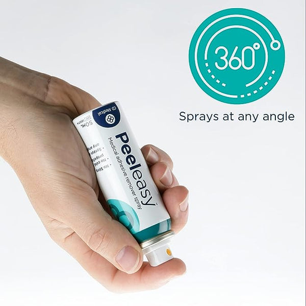 A hand holds a can of CD Medical Peeleasy Spray (50ml), a personal care product for adhesive removal. This compact spray features a 360-degree capability, with Sprays at any angle text and graphics emphasizing its versatile function.