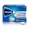 A box of Panadol 500mg Paracetamol Liquid Capsules (16 Capsules) offers fast pain relief. The blue and white packaging displays the Panadol brand and shows an image of a capsule on the front.
