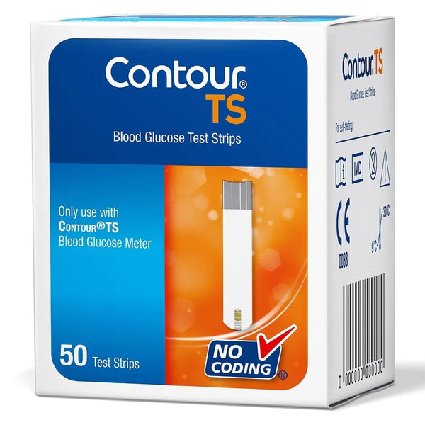 Contour TS Test Strips (50) by Contour are designed for accurate blood glucose monitoring with the Contour TS Meter. The blue, white, and orange box highlights “No Coding,” making them ideal for managing diabetes.