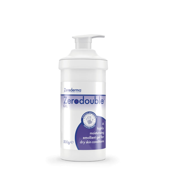 A 500g white bottle of ZERODOUBLEs Zerodouble Emollient Gel features a pump dispenser and a blue-white label promoting its hydrating formula as a highly moisturising emollient gel for dry skin conditions.