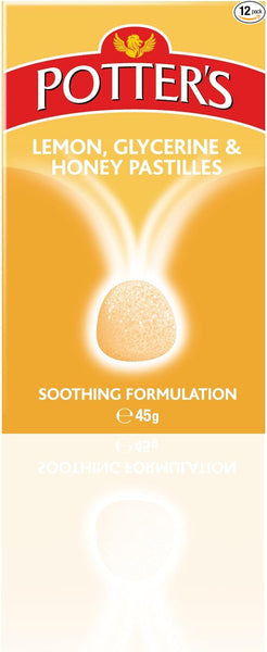 Image of Potters Pastilles Honey & Lemon Glycerine Crystallised (45g) for soothing sore throats, featuring a lemon-yellow background with a glowing pastille in the center. Highlights include Soothing Formulation and Natural Ingredients. Brand: Potters.