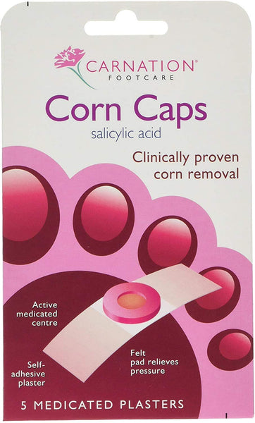 The Carnation Corn Caps packaging emphasizes the effectiveness of Salicylic Acid for corn removal. The soothing pink and white design showcases the medicated plasters, highlighting features and benefits in an appealing manner.