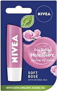 The Nivea Soft Rose Lip Balm (5g) features a pink and blue design, enriched with natural oils and 100% organic jojoba oil, offering a rose sheen and long-lasting moisture for perfectly moisturized lips.