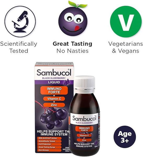 Image of Sambucol Immune Elderberry Extract Liquid (120ml) bottle and box. Highlights include scientifically tested, antioxidant-rich elderberry extract for immune support, great taste, vitamin C and zinc benefits, suitable for vegetarians/vegans, and recommended for ages 3+.