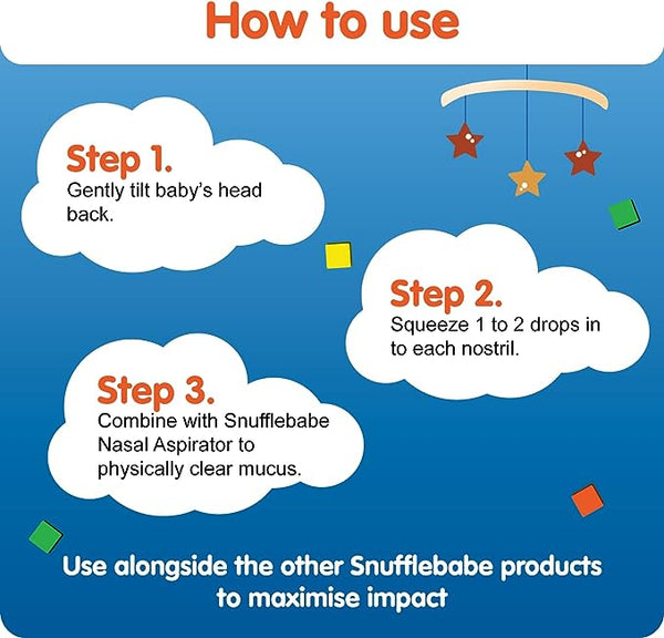 Instructions for using Snufflebabe Nasal Spray (75ml) on a baby: 1. Tilt their head back. 2. Administer 1-2 drops into each nostril. 3. Clear with a nasal aspirator. Header: How to use. Footer recommends trying other Snufflebabe products.