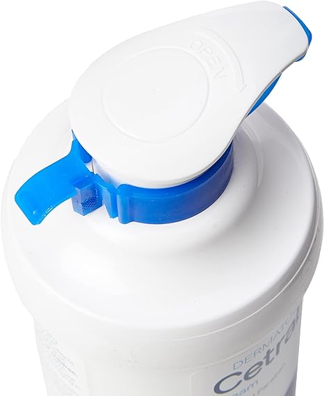 A Cetraben Cream (500g) container with a pump dispenser is shown, ideal for dry, sensitive skin. The blue lever on top is labeled OPEN. This design suggests its perfect for skincare, particularly soothing eczema-prone skin.