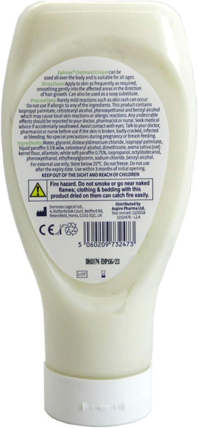 Epimax Oatmeal Cream (500ml) by Epimax features a white flip-top cap, back labeling with oatmeal ingredients, usage directions, and a warning to avoid eyes and flames. A barcode and lot number are at the bottom, ideal for your skincare routine.